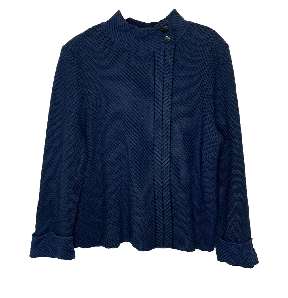 Women's Large Habitat Blue Knit Herringbone Mock Neck Lagenlook Sweater